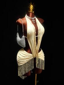 Amplova Women's Tassel Design Sexy Date Party Mini Halter Dress - Gold - View 3
