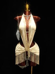 Amplova Women's Tassel Design Sexy Date Party Mini Halter Dress - Gold - View 6