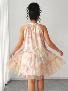 Elenzga Plus Size Women's Blush Pink Sleeveless Sheer Layered Short Dress,Elegant & Graceful Fairycore Summer Boho Formal Tea Party Holiday Halter Neck Dress - Apricot - View 8