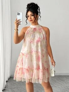 Elenzga Plus Size Women's Blush Pink Sleeveless Sheer Layered Short Dress,Elegant & Graceful Fairycore Summer Boho Formal Tea Party Holiday Halter Neck Dress - Apricot - View 4