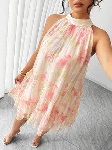 Elenzga Plus Size Women's Blush Pink Sleeveless Sheer Layered Short Dress,Elegant & Graceful Fairycore Summer Boho Formal Tea Party Holiday Halter Neck Dress - Apricot - View 7
