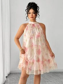 Elenzga Plus Size Women's Blush Pink Sleeveless Sheer Layered Short Dress,Elegant & Graceful Fairycore Summer Boho Formal Tea Party Holiday Halter Neck Dress - Apricot - View 6