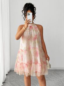 Elenzga Plus Size Women's Blush Pink Sleeveless Sheer Layered Short Dress,Elegant & Graceful Fairycore Summer Boho Formal Tea Party Holiday Halter Neck Dress - Apricot - View 5