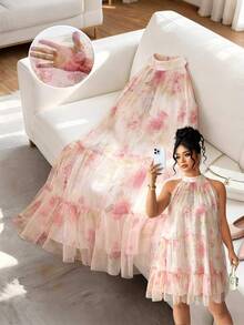 Elenzga Plus Size Women's Blush Pink Sleeveless Sheer Layered Short Dress,Elegant & Graceful Fairycore Summer Boho Formal Tea Party Holiday Halter Neck Dress - Apricot - View 2