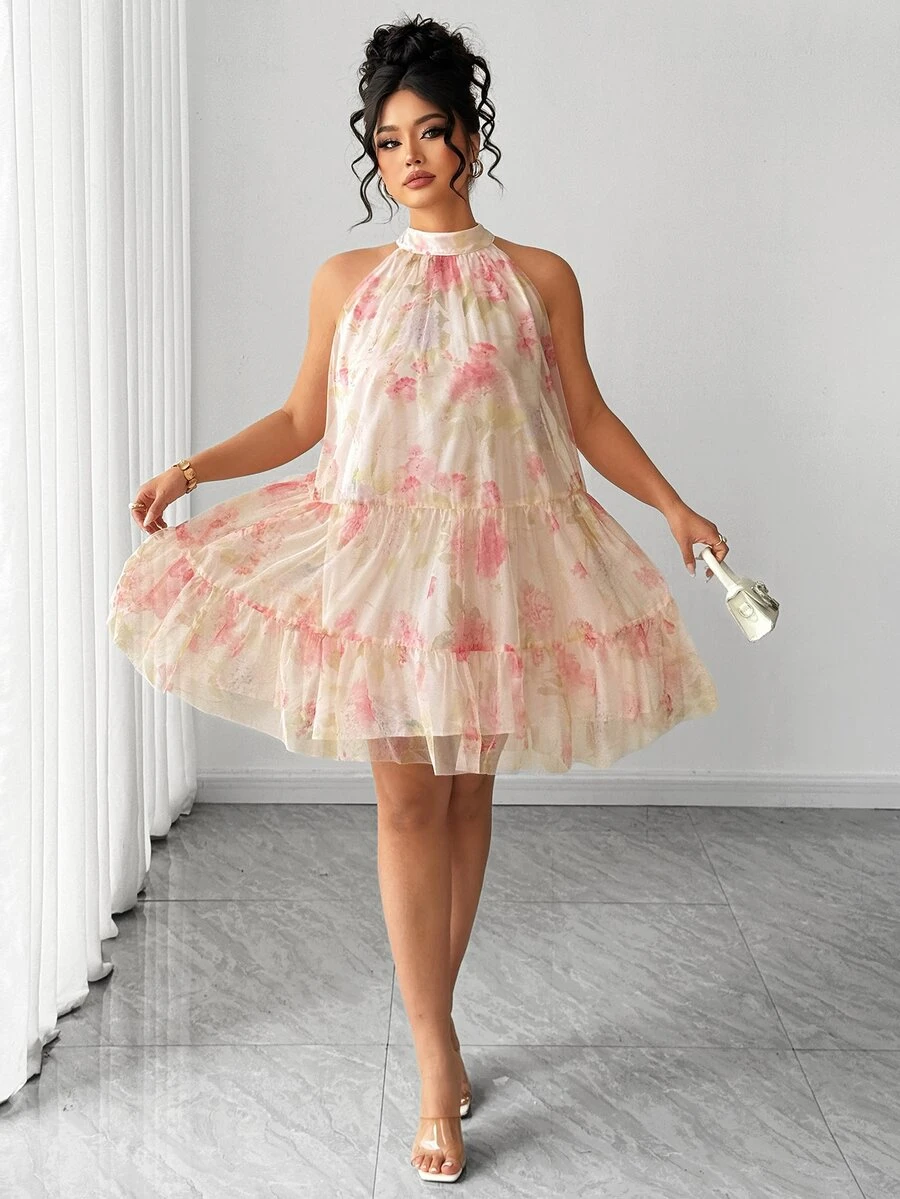 Elenzga Plus Size Women's Blush Pink Sleeveless Sheer Layered Short Dress,Elegant & Graceful Fairycore Summer Boho Formal Tea Party Holiday Halter Neck Dress - Apricot - View 1