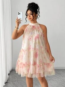 Elenzga Plus Size Women's Blush Pink Sleeveless Sheer Layered Short Dress,Elegant & Graceful Fairycore Summer Boho Formal Tea Party Holiday Halter Neck Dress - Apricot - View 3