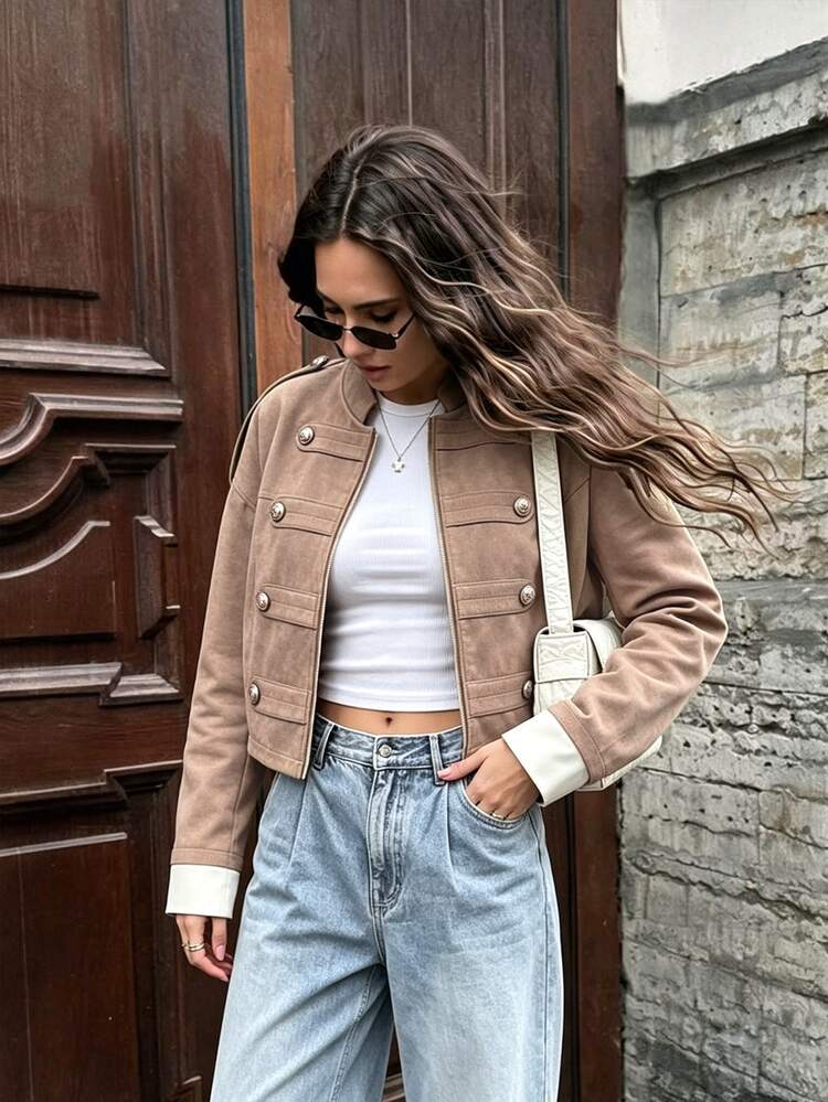 Flora Isola Flora Isola Women's Autumn Fashion Elegant Streetwear Casual Napoleon Shoulder Long Sleeve Jacket, Suitable For Going Out, Outing, Brown And White Polka Dot - Khaki - View 1