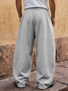 Ocevento Men's Casual Drawstring Waist Pleated Patchwork Sweatpants, Light Grey, Summer Holiday, Spring/Autumn, Oversized Baggy Pants Wide Leg Sweatpants, Pocket, Sports, Streetwear - Light Grey - View 2