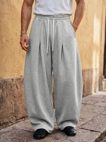 Ocevento Men's Casual Drawstring Waist Pleated Patchwork Sweatpants, Light Grey, Summer Holiday, Spring/Autumn, Oversized Baggy Pants Wide Leg Sweatpants, Pocket, Sports, Streetwear - Light Grey - View 4