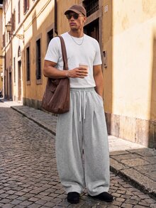 Ocevento Men's Casual Drawstring Waist Pleated Patchwork Sweatpants, Light Grey, Summer Holiday, Spring/Autumn, Oversized Baggy Pants Wide Leg Sweatpants, Pocket, Sports, Streetwear - Light Grey - View 3
