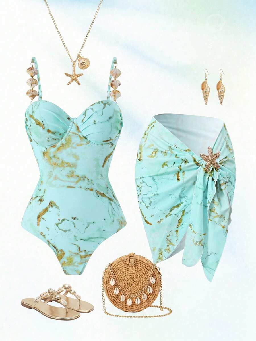 Swim Oasis 夏季沙滩女士连体大理石纹印花钢托吊带比基尼上衣+迷你裙沙滩巾，金色海星装饰，性感优雅沙滩装 - 彩色 - 查看 1