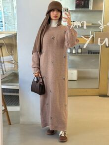 Solavon فستان صوف محبوك بتطريز زهري أزرق ثلاثي الأبعاد، بياقة دائرية، بقصة فضفاضة، فستان كنزة طويل - بني - مشاهدة 3