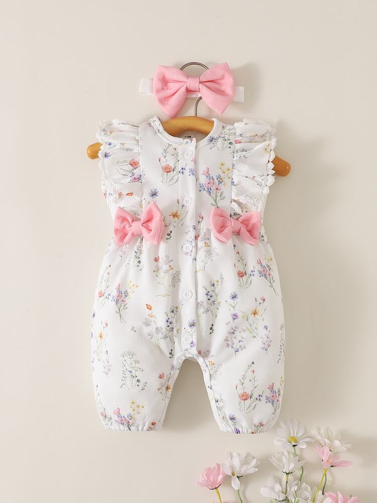 SHEIN 1pc Baby Girl Floral Print Bow Flutter Sleeve Romper With Headband For Photoshoot,Daily Wear,Spring & Summer - Baby Pink - View 6