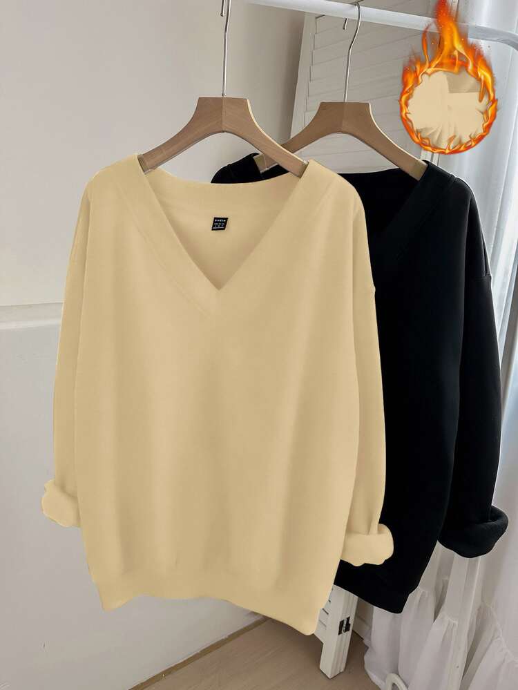 SHEIN LUNE Women's Casual V-Neck Thermal Lined Sweatshirt 2pcs Set, Suitable For Autumn/Winter,Fall Clothes For Women - Multicolor - View 1