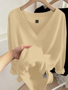 SHEIN LUNE 女款休閒V領保暖內裡運動衫2件組，適合秋冬穿著 - 彩色 - 查看 3