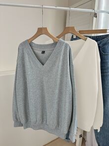 SHEIN LUNE 女款休閒純色V領抓絨運動衫2件套，適合秋冬穿搭，大學生風格女裝 - 彩色 - 查看 5