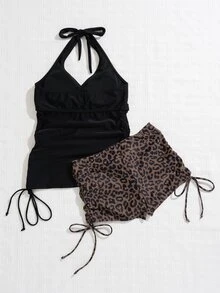 Vaytide 2pcs Vacation Beachwear Set - Solid Color Halter Neck Top & Leopard Print Shorts, Tankini Set Summer - Multicolor - View 2