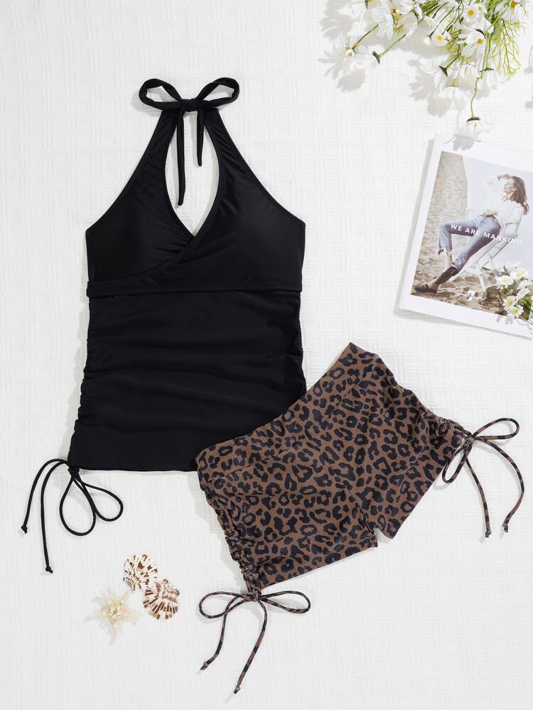 Vaytide Women Tankinis Kolor Ruched Membungkus Leopard Random Print - MultiWarna - View 3