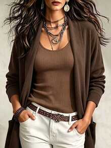 EMERY ROSE Women's Knitted Elegant Autumn Lightweight Coat - Coffee Brown - View 8