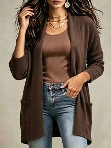 EMERY ROSE Women's Knitted Elegant Autumn Lightweight Coat - Coffee Brown - View 7