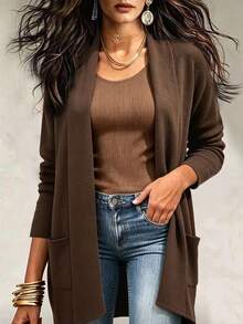 EMERY ROSE Women's Knitted Elegant Autumn Lightweight Coat - Coffee Brown - View 3