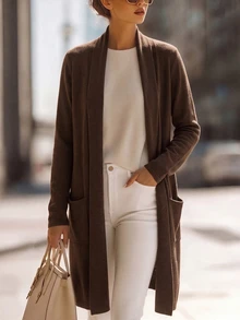 EMERY ROSE Women's Knitted Elegant Autumn Lightweight Coat - Coffee Brown - View 1