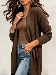 EMERY ROSE Women's Knitted Elegant Autumn Lightweight Coat - Coffee Brown - View 5