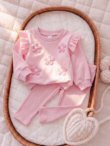SHEIN 2件組幼兒女嬰運動衫長褲套裝，可愛甜美公主風粉色3D花朵荷葉邊長袖圓領常規版生日派對秋季套頭衫 - 粉色 - 查看 9