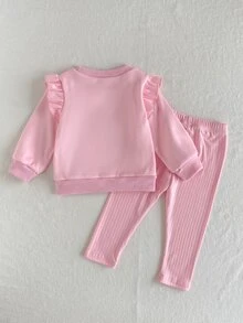 SHEIN 2件組幼兒女嬰運動衫長褲套裝，可愛甜美公主風粉色3D花朵荷葉邊長袖圓領常規版生日派對秋季套頭衫 - 粉色 - 查看 3