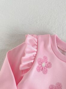 SHEIN 2件組幼兒女嬰運動衫長褲套裝，可愛甜美公主風粉色3D花朵荷葉邊長袖圓領常規版生日派對秋季套頭衫 - 粉色 - 查看 7