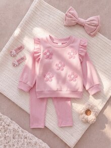 SHEIN 2件組幼兒女嬰運動衫長褲套裝，可愛甜美公主風粉色3D花朵荷葉邊長袖圓領常規版生日派對秋季套頭衫 - 粉色 - 查看 4