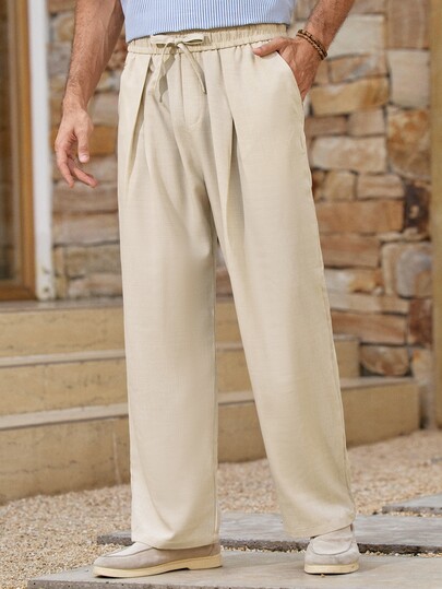 Mercer Haus 1pc Apricot Men's Faux Linen Texture Long Pants, Drawstring Elastic Waist Design, Loose Wide Leg Straight Leg Pants, Flattering Leg Shape, Lightweight Breathable Fabric, Men's Casual Long Pants, Comfortable Skin-Friendly, Vacation Style, Beach Stroll, Seaside Holiday, Summer Outing Men's Pants