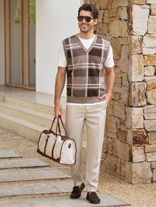 Mercer Haus Men's Autumn/Winter Preppy Style Striped Colorblock Knit Vest, Casual Versatile Business Commute Sweater - Brown - View 3