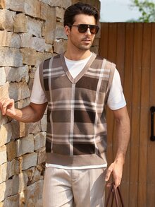 Mercer Haus Men's Autumn/Winter Preppy Style Striped Colorblock Knit Vest, Casual Versatile Business Commute Sweater - Brown - View 6