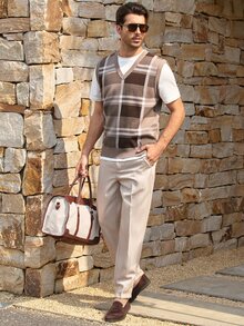 Mercer Haus Men's Autumn/Winter Preppy Style Striped Colorblock Knit Vest, Casual Versatile Business Commute Sweater - Brown - View 7