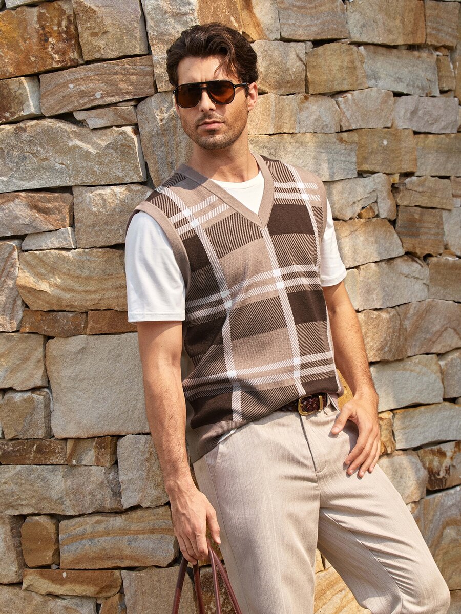 Mercer Haus Men's Autumn/Winter Preppy Style Striped Colorblock Knit Vest, Casual Versatile Business Commute Sweater - Brown - View 1