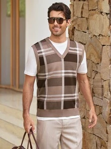 Mercer Haus Men's Autumn/Winter Preppy Style Striped Colorblock Knit Vest, Casual Versatile Business Commute Sweater - Brown - View 4