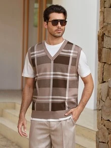 Mercer Haus Men's Autumn/Winter Preppy Style Striped Colorblock Knit Vest, Casual Versatile Business Commute Sweater - Brown - View 5
