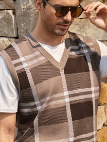 Mercer Haus Men's Autumn/Winter Preppy Style Striped Colorblock Knit Vest, Casual Versatile Business Commute Sweater - Brown - View 8