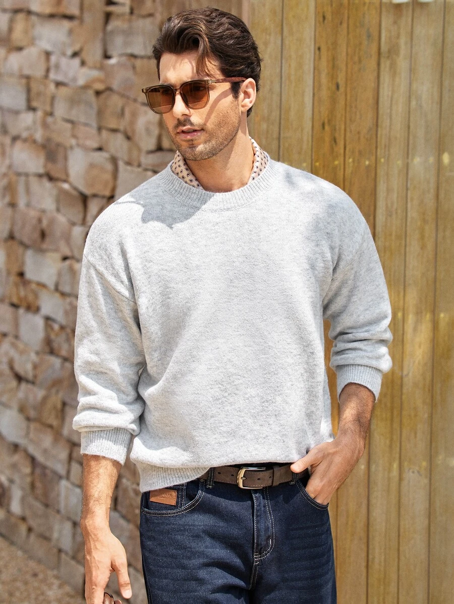 Mercer Haus 男士休闲宽松套头毛衣,饰有英文刺绣,百搭圆领长袖针织衫,秋冬款 - 灰色 - 查看 1