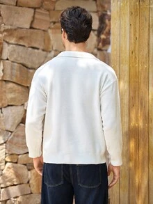 Mercer Haus ANDREILEE 男士休闲宽松通勤简约纯色百搭 Polo 领 V 领轻薄长袖针织套头毛衣，适合秋冬季穿着 - 白色 - 查看 2
