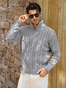 Mercer Haus Autumn/Winter Men's Half-Zip Knit Polo Sweater, Old Money Style, Solid Color, Commuter Versatile - Pure Grey - View 6