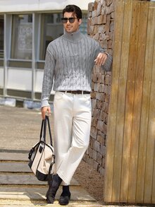 Mercer Haus Autumn/Winter Men's Half-Zip Knit Polo Sweater, Old Money Style, Solid Color, Commuter Versatile - Pure Grey - View 3