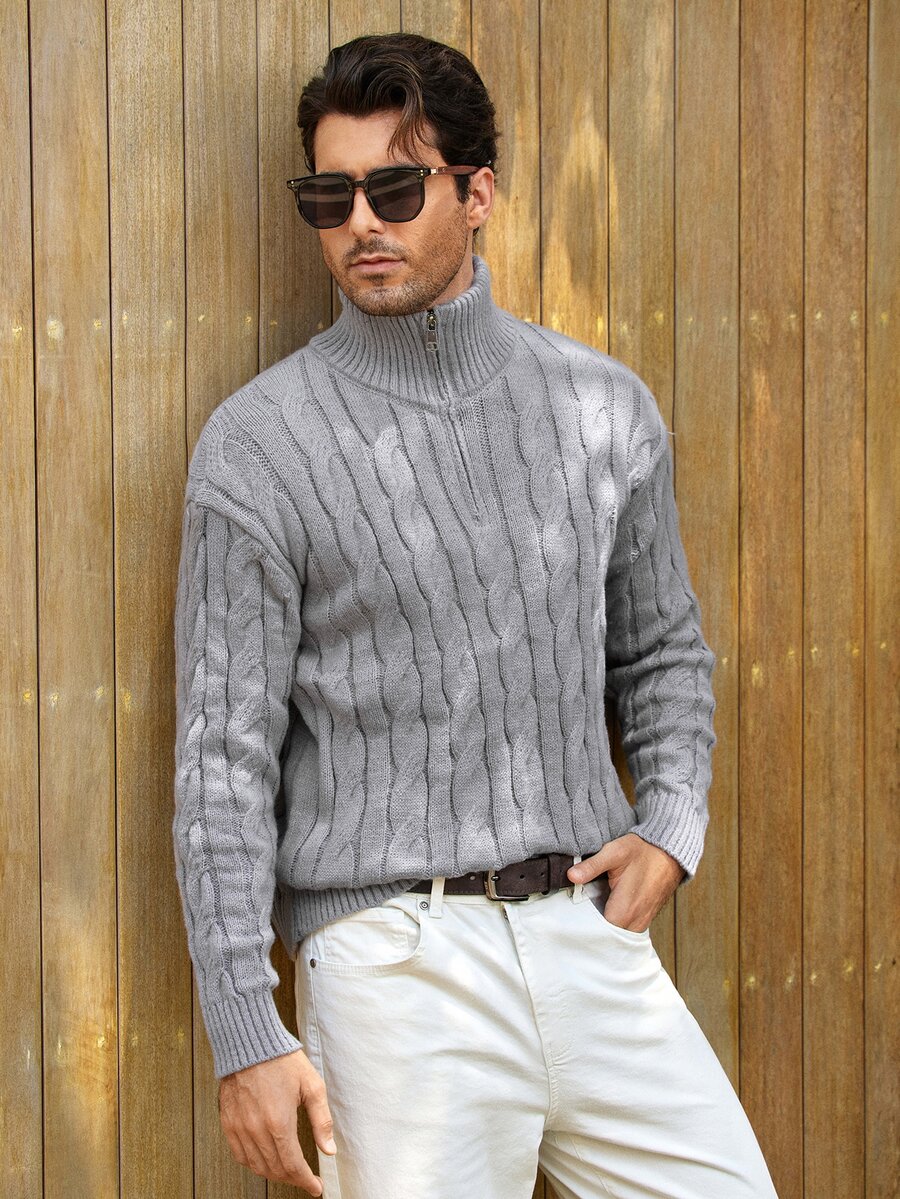 Mercer Haus Autumn/Winter Men's Half-Zip Knit Polo Sweater, Old Money Style, Solid Color, Commuter Versatile - Pure Grey - View 1