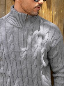 Mercer Haus Autumn/Winter Men's Half-Zip Knit Polo Sweater, Old Money Style, Solid Color, Commuter Versatile - Pure Grey - View 7