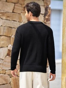 Mercer Haus Sweater Rajut Pria dengan Resleting dan Kerah, Serbaguna untuk Pakaian Kasual Bisnis Sehari-hari, Musim Gugur/Dingin - Hitam - View 2