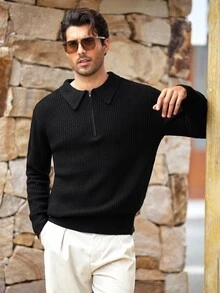 Mercer Haus Sweater Rajut Pria dengan Resleting dan Kerah, Serbaguna untuk Pakaian Kasual Bisnis Sehari-hari, Musim Gugur/Dingin - Hitam - View 4
