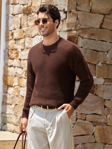 Mercer Haus Sweater Pullover Pria Musim Gugur/Dingin, Warna Polos Dasar, Kasual, Pas Badan, Ringan, Tipis, Bahan Poliester Pique Bertekstur, Desain Niche, Lengan Panjang, Bahu Jatuh, Leher Bulat - Cokelat - View 6