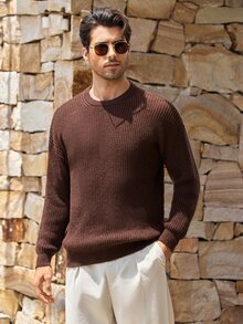 Mercer Haus Sweater Pullover Pria Musim Gugur/Dingin, Warna Polos Dasar, Kasual, Pas Badan, Ringan, Tipis, Bahan Poliester Pique Bertekstur, Desain Niche, Lengan Panjang, Bahu Jatuh, Leher Bulat - Cokelat - View 5