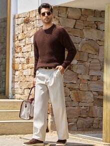 Mercer Haus Sweater Pullover Pria Musim Gugur/Dingin, Warna Polos Dasar, Kasual, Pas Badan, Ringan, Tipis, Bahan Poliester Pique Bertekstur, Desain Niche, Lengan Panjang, Bahu Jatuh, Leher Bulat - Cokelat - View 7